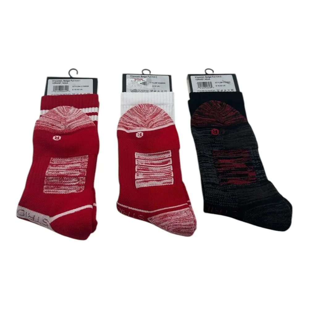 Set of 3 Wisconsin Badgers Crew Socks‎ Full Knit Men's Size M/L Strideline